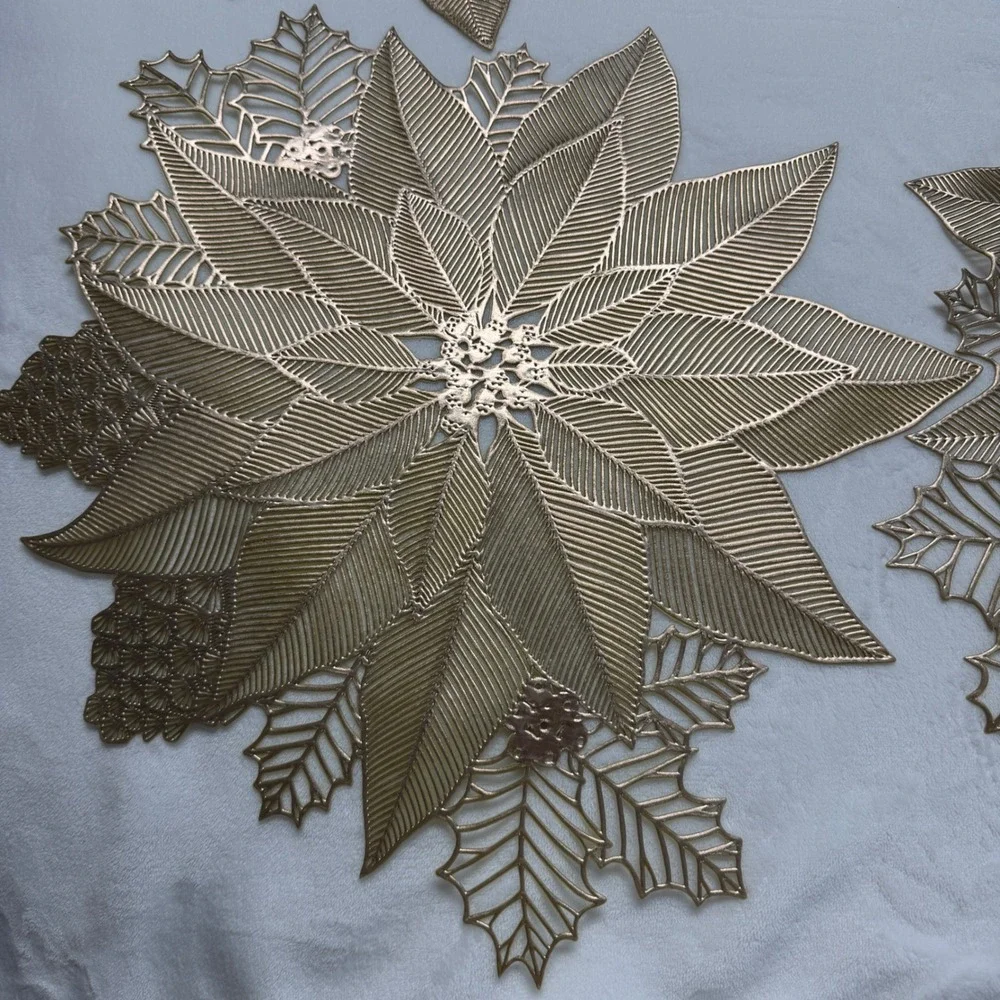 Gold Metallic Holly Leaf Vinyl Christmas Placemats Set of 6 Holiday Table Decor